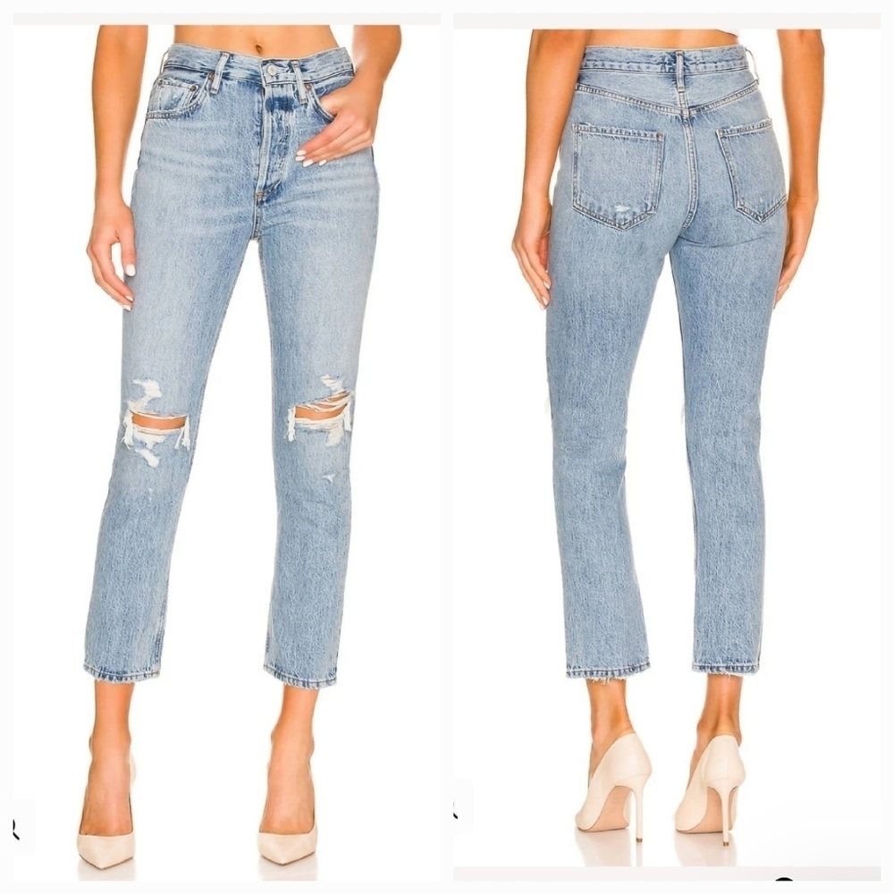 AGOLDE Riley High Rise Straight Crop Distressed Knee Blue Jeans Size 25